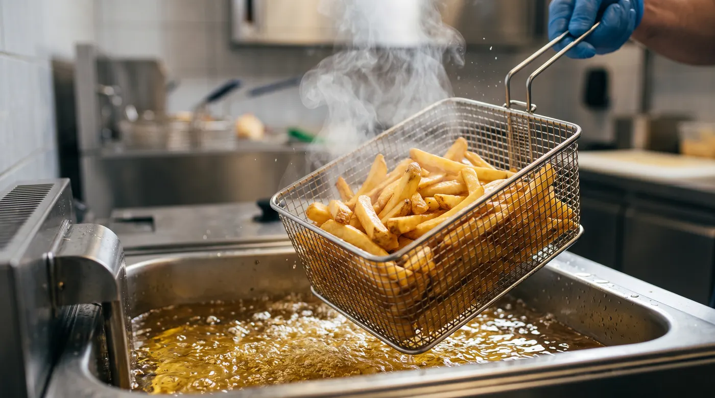 French fries lifted from a deep fryer