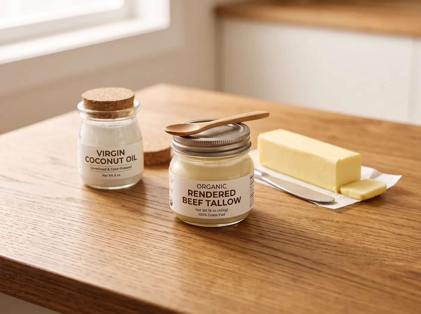 Virgin coconut oil, rendered beef tallow and butter on a kitchen counter